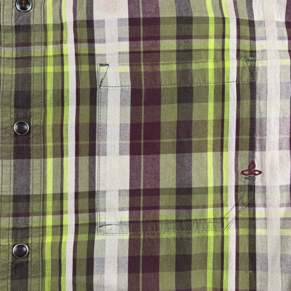 Prana Men's XL Plaid Pearl Snap Shirt Green Burgundy Beige Long Sleeve‎ Outdoor - Picture 5 of 12